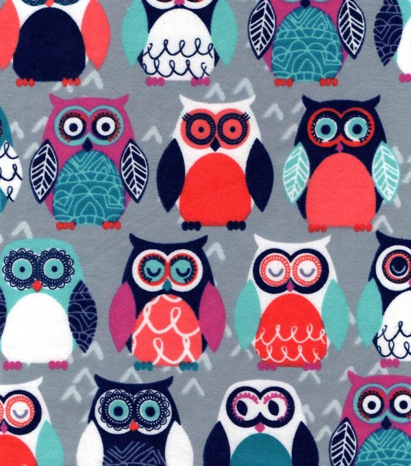 Snuggle Flannel Fabric-Colorful Owls On Gray